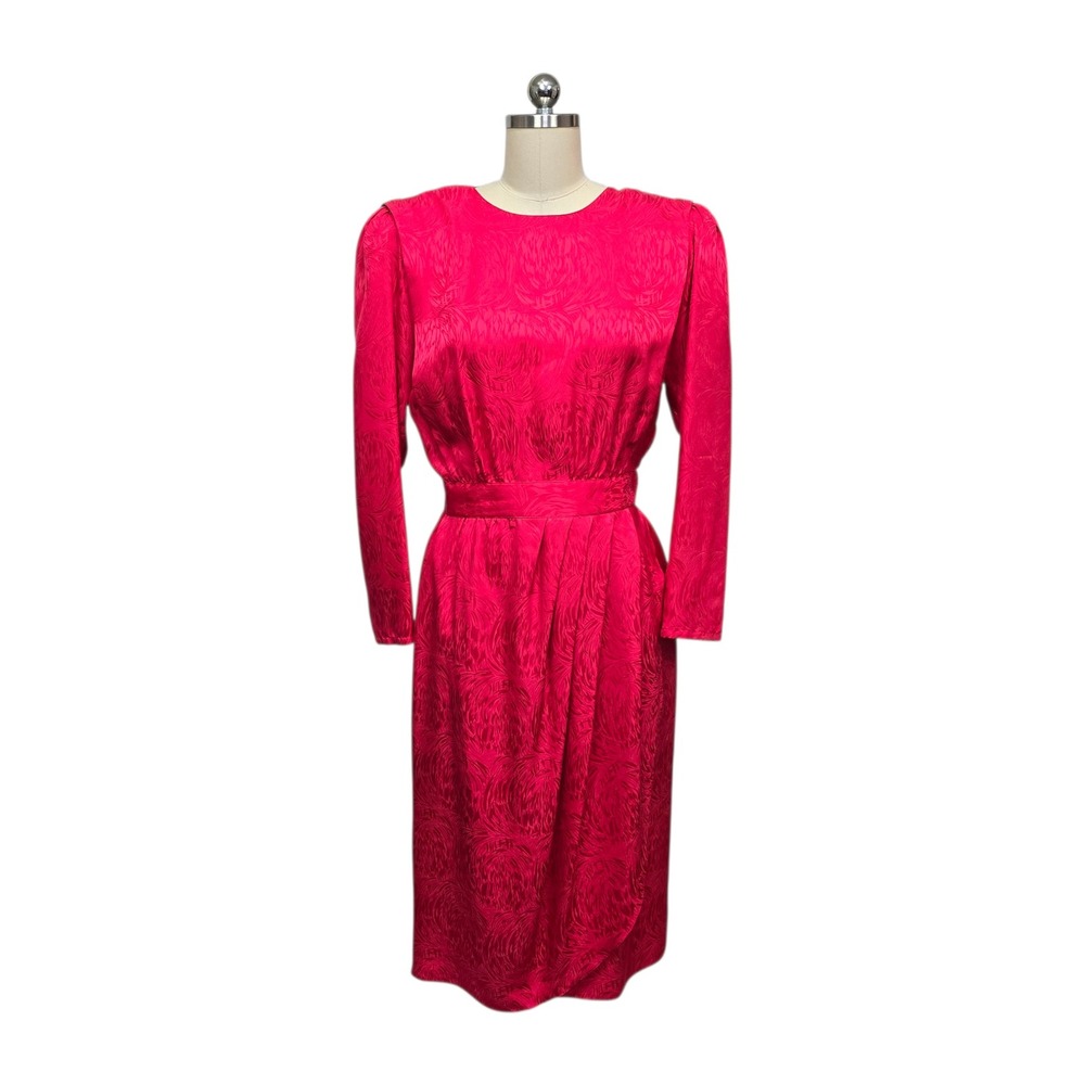 Nora Noh Vintage 100% Silk Jacquard Dress Fuchsia Pink 80s Midi Sheath Womens 8